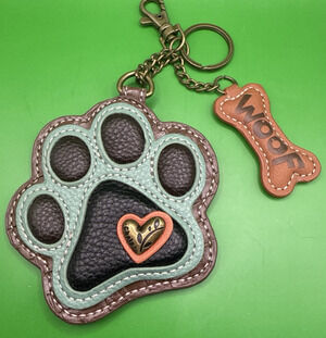 CHALA Handbags WOOF Teal Paw Print Key Fob Coin Purse Keychain Dog Mom Bag Charm
